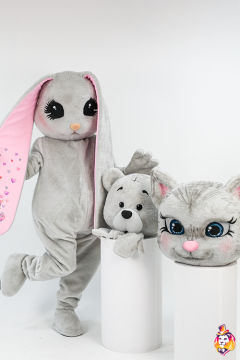 Three super mascots gray mascot costume